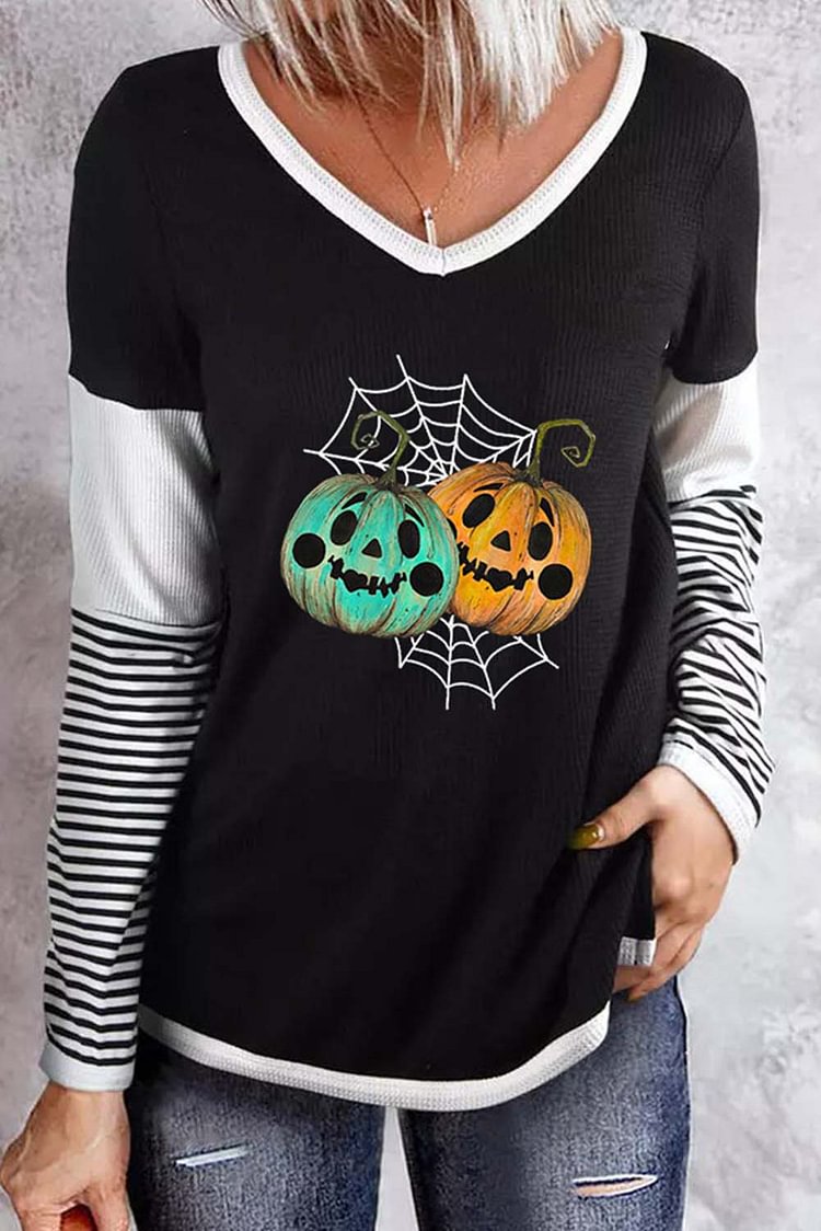 Women's Pullovers Striped Pumpkin Print Pullover-Mayoulove