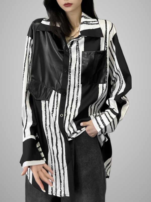 Dark Goth Statement Stripes Color Block Pocket Decorated Paneled Oversize Shirt Jacket