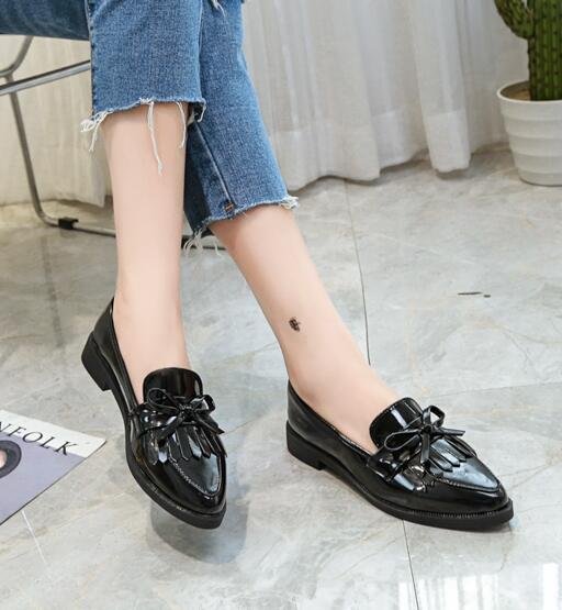 Woman Casual Tassel Bow Pointed Toe Black Oxford Shoes