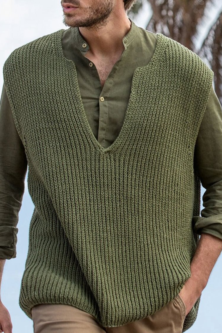 Tiboyz Casual V-Neck Green Vest Sweater