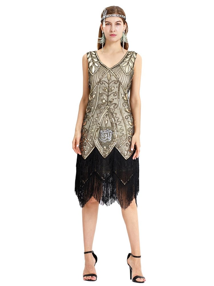 Mayoulove 1920s Gatsby Sequined Embellished Fringed Paisley Flapper Dress-Mayoulove