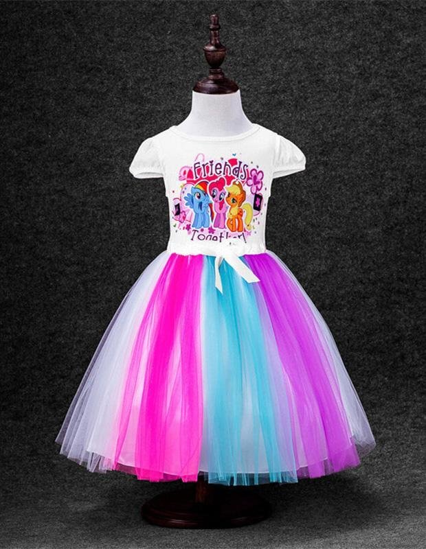 My Little Pony Print Girls Lace Dress Cotton Top With Rainbow Skirt-Mayoulove