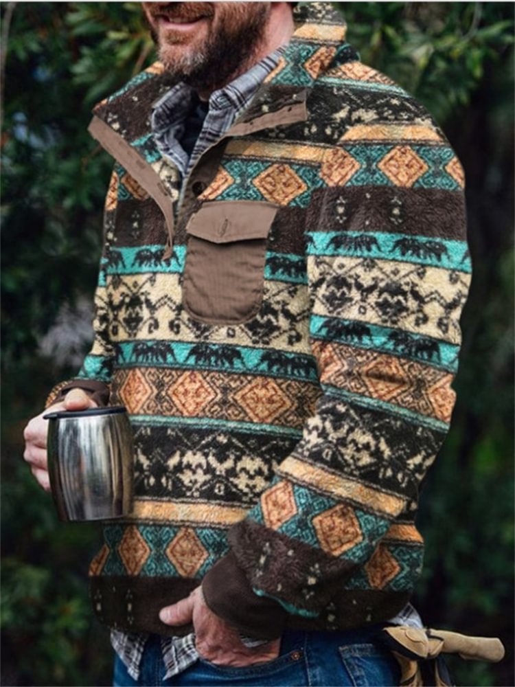 Tiboyz Men's Western Ethnic Aztec Cozy Fleece Pullover