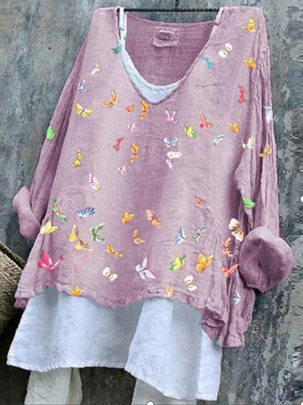 V-Neck Butterfly Print Casual Loose Fit Long Sleeve Blouse