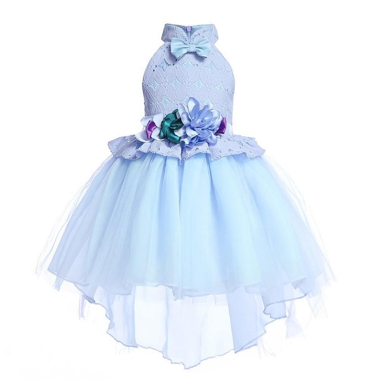 Girls Light Blue Lace Flower Peplum Tiers Tulle Party Gown Dress-Mayoulove