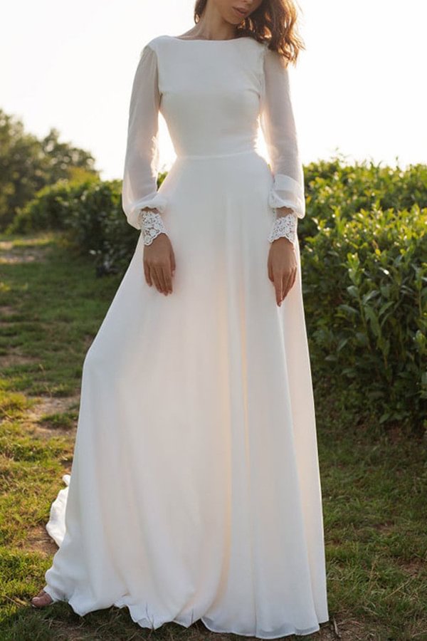 Luluslly Long Sleeves Tulle Beach Wedding Dress A Line Open Back Bateau