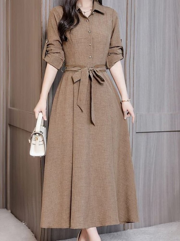 Cotton Linen Mid-length Belted A-line Shirt Dress-Mayoulove