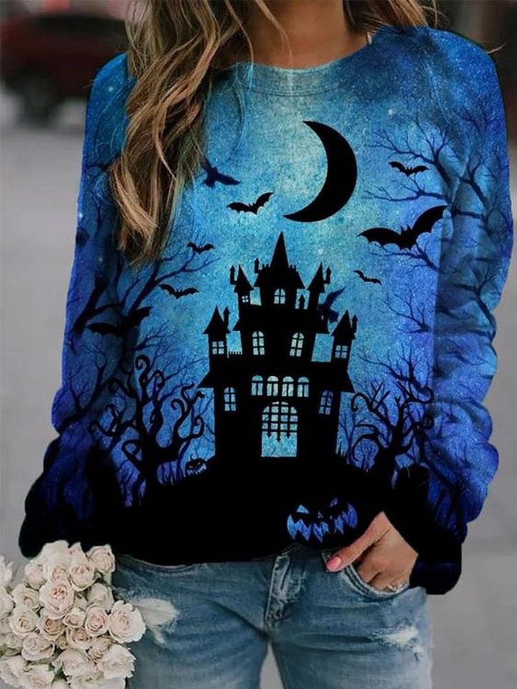 Halloween Blue Castle Print Loose Top