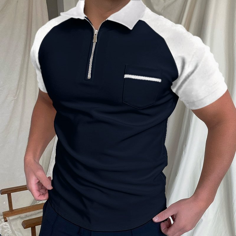 Color Blocked Summer Casual Zipper Short Sleeve Men's Polo Shirts-VESSFUL