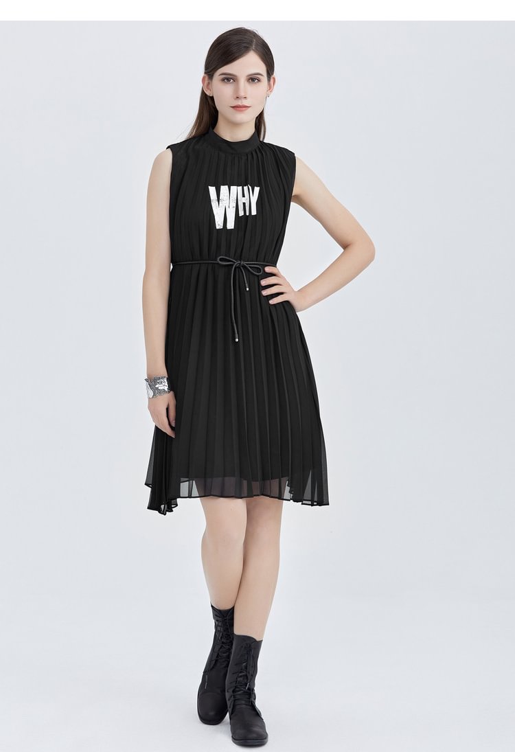 SDEER Stand-up collar pleated waist printed chiffon dress