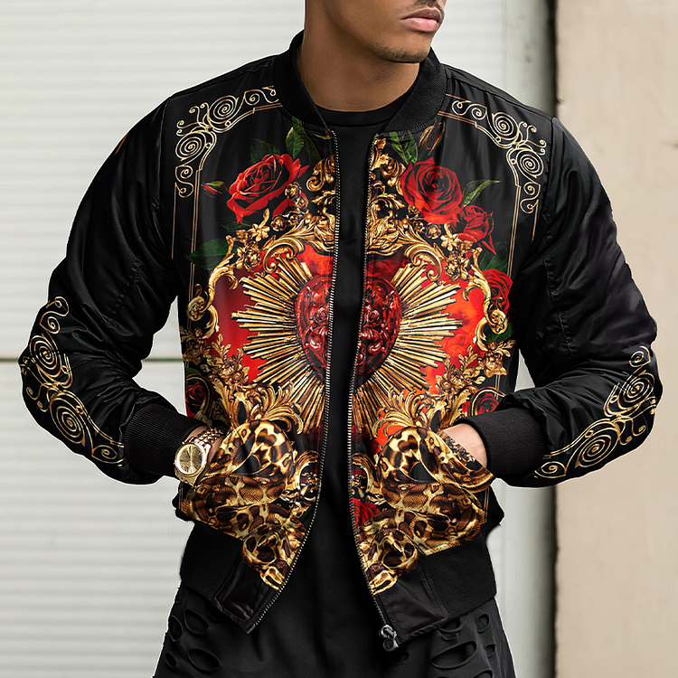 BrosWear Fashion Black Gold Rose Baroque Baseball Jacket