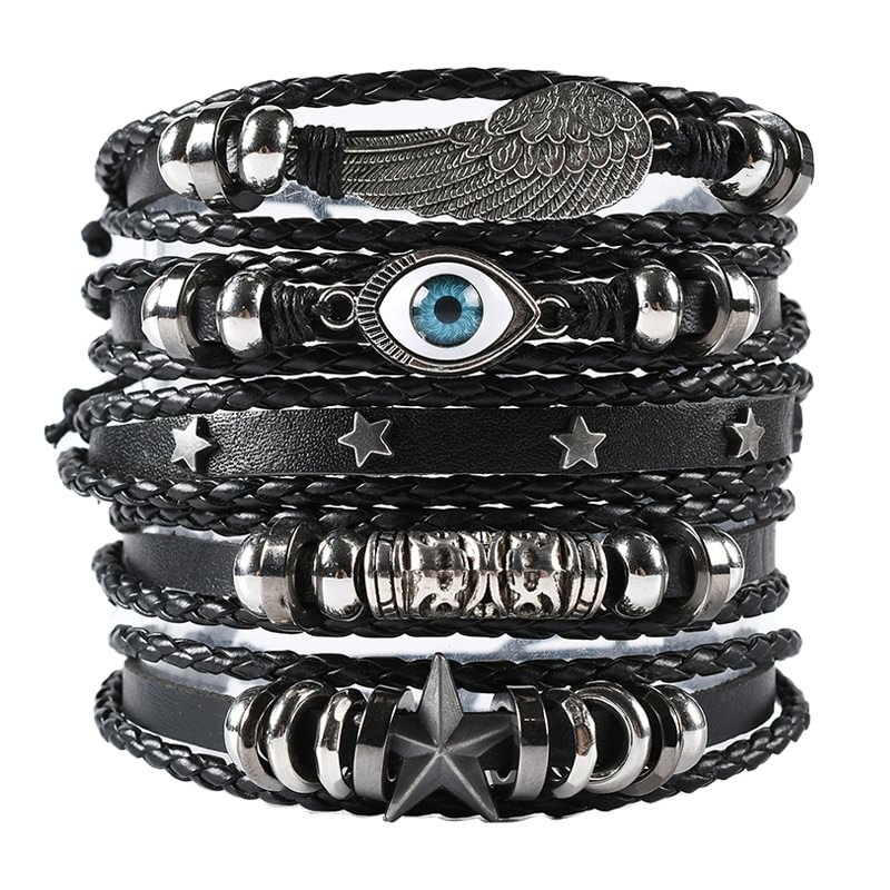 Minnieskull Eyes stars punk leather braided bracelet set - Minnieskull