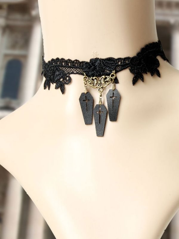 Gothic Dark Exquisite Lace Choker with Cross Cutout PU Pendants