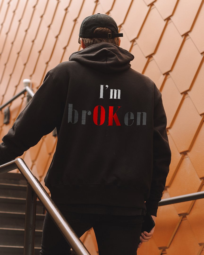 I'm ok i'm Broken Letter Red Print Casual Men‘s Hoodie - Krazyskull