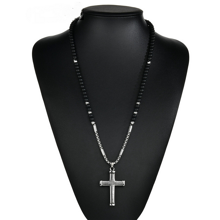 Black Stone Beaded Jesus Cross Rosary Pendant Necklace