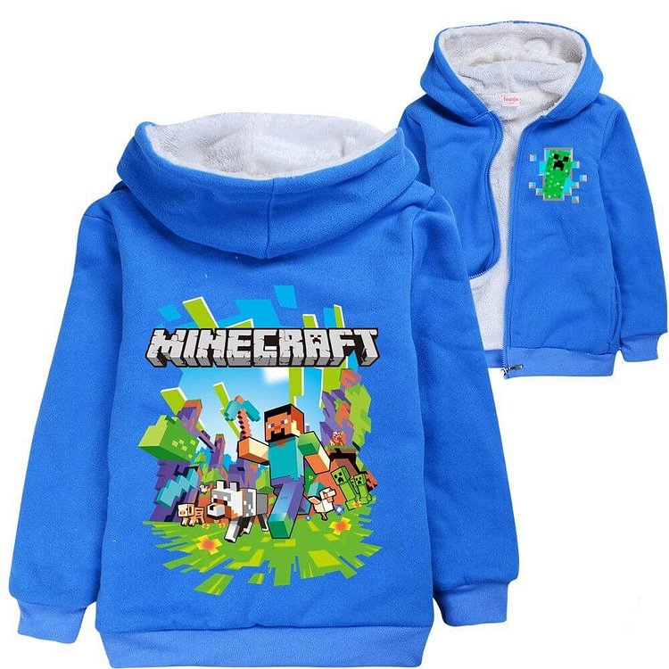 Mayoulove Minecraft Print Boys Blue Zip Up Fleece Lined Winter Cotton Hoodie-Mayoulove
