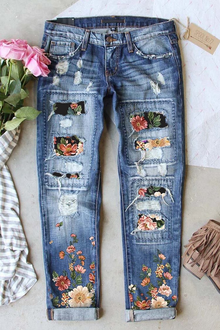Women's Jeans Floral Patchwork Low Rise Straight Jeans-Mayoulove
