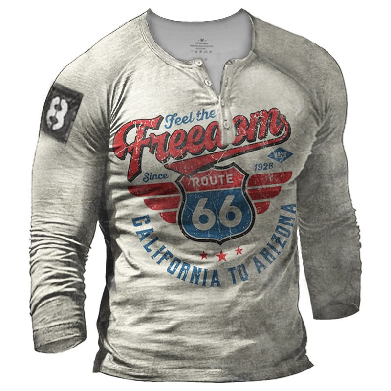 Mens Retro Feel Freedom Route 66 Printed V-neck Tactical T-shirt / [viawink] /