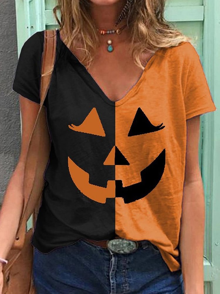 Pumpkin Print V-neck Short Sleeve Loose T-shirt-Mayoulove