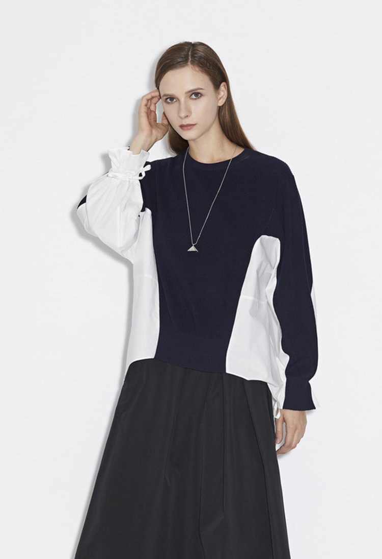 SDEER Loose Ribbed Round Neck Contrast Stitching Long-sleeved Sweater