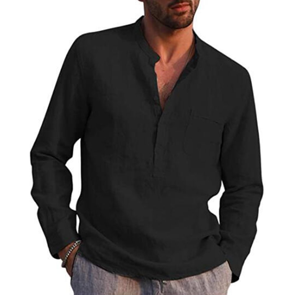 Cotton Linen Men's Solid Casual Long-Sleeved Henley Shirts-VESSFUL