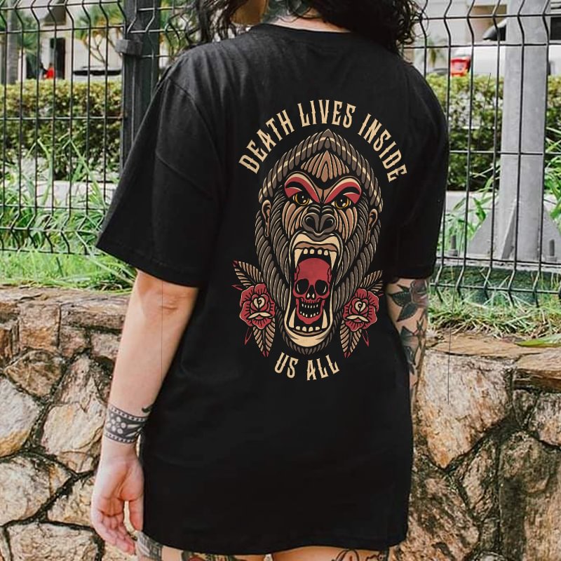 Death Lives Inside Us All Skull And Gorilla Print T-shirt - Krazyskull