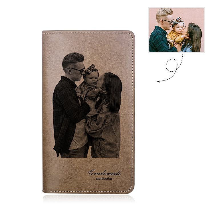 Long Style Bifold Personalised Leather Photo Wallet Engrave Text for Men's Gifts