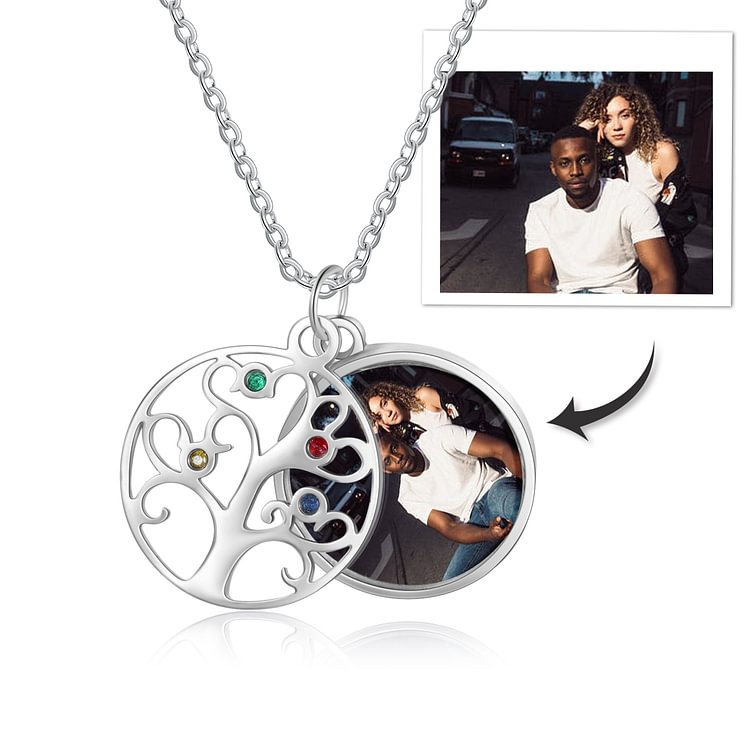 Family Tree Necklace Personalized With 4 Birthstones and Picture Tree Of Life Pendant, Custom Necklace with Pictures Inside