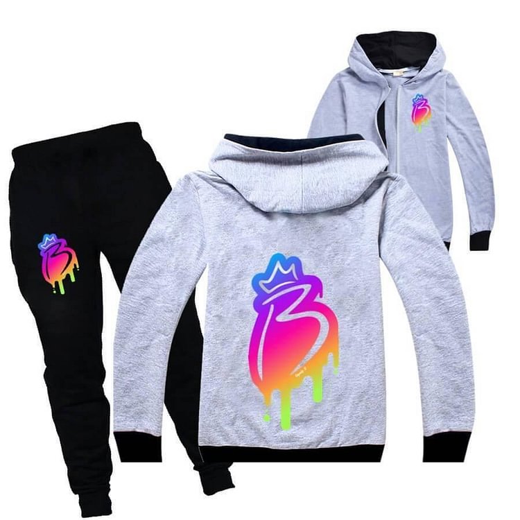 Mayoulove Royally Print Girls Boys Zip Up Cotton Hoodie N Sweatpants Tracksuit-Mayoulove