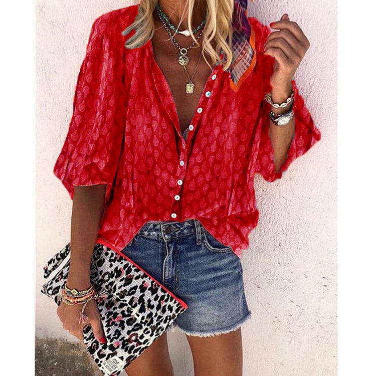 Women's Street Fashion Casual Solid Color Lapel Long Sleeve Printed Loose Shirt
