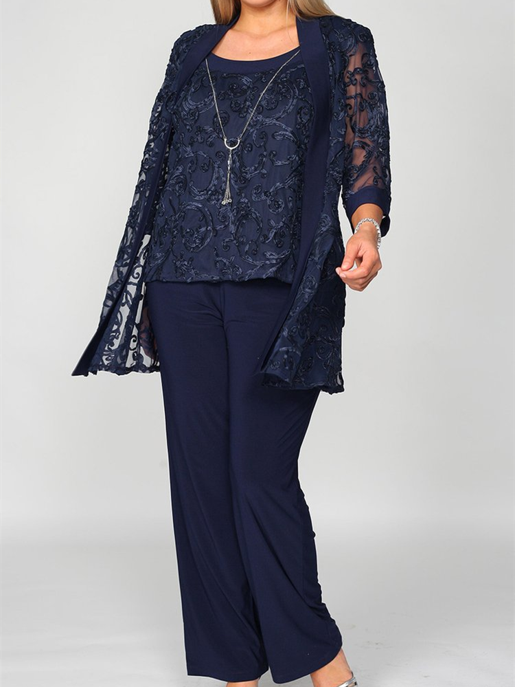 Mesh Embroidered Soutache 3/4 Sleeve Three Pieces Pant Suit