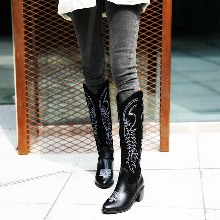 Retro Embroidery Chunky Heel Pointed Toe Knee High Boots