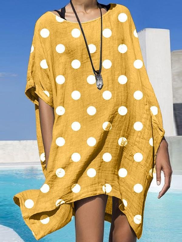 Short Sleeve Cotton Dot Print Dress-Mayoulove