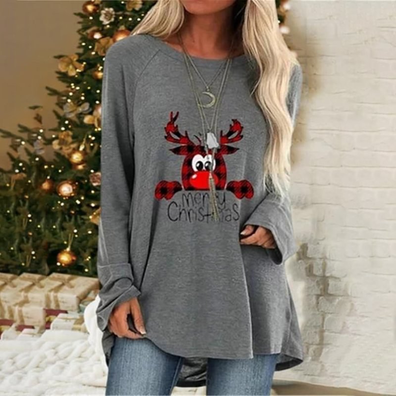 Merry Christmas Reindeer Print Women's Casual Long Sleeve T-shirt