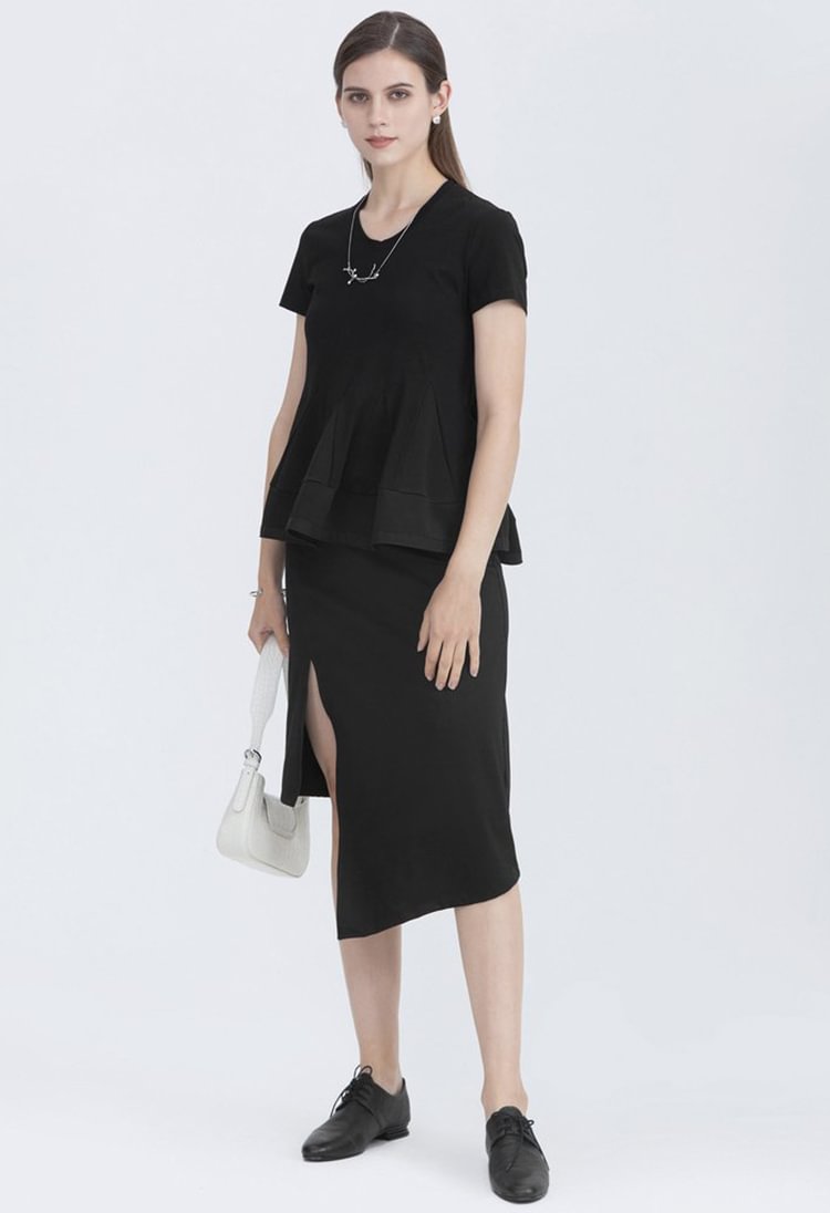SDEER Fashionable elastic irregular slit A-line long skirt