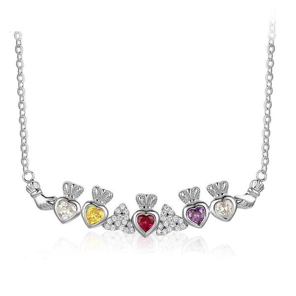 S925 Sterling Silver Personalized Claddagh Necklace with 5 Birthstones