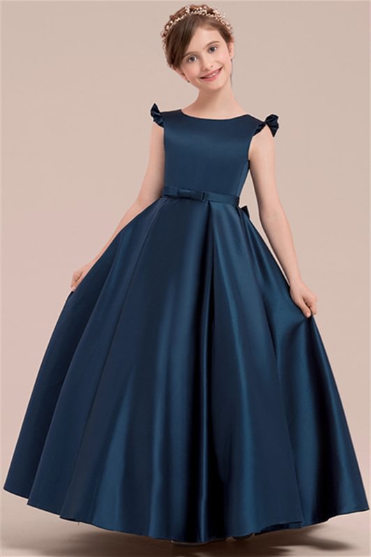 Luluslly Navy Blue Satin Flower Girl Dress Long With Bowknot