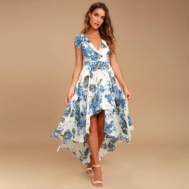Women's French Countryside White And Yellow Floral Print High-low Dress