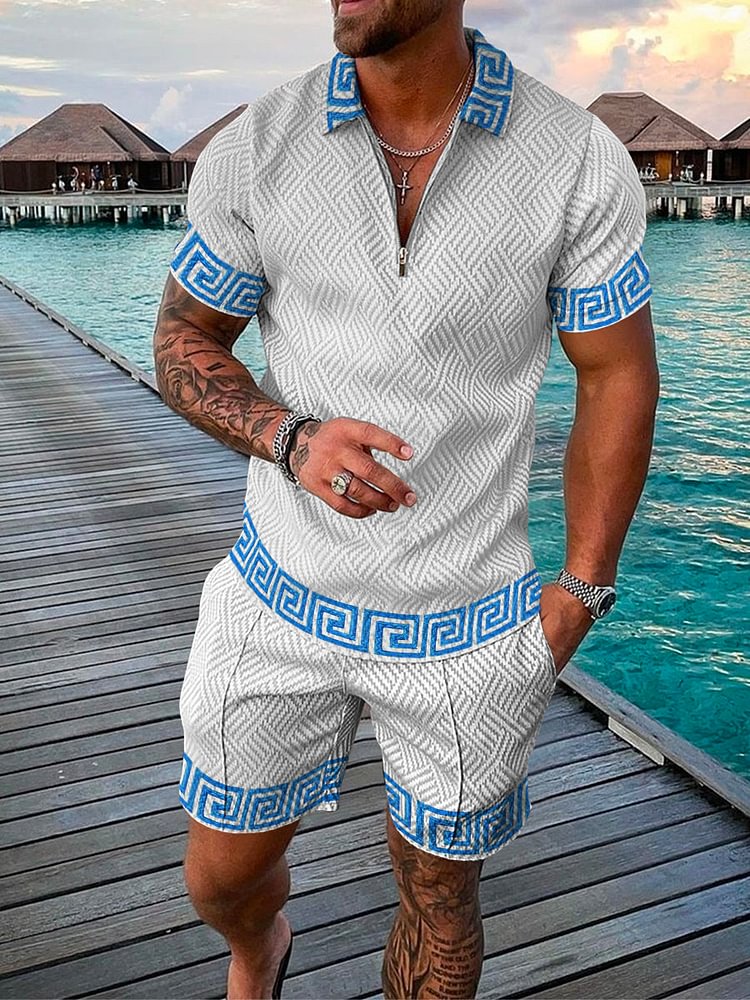 Men's Seaside Blue Retro Pattern Printed Polo Suit