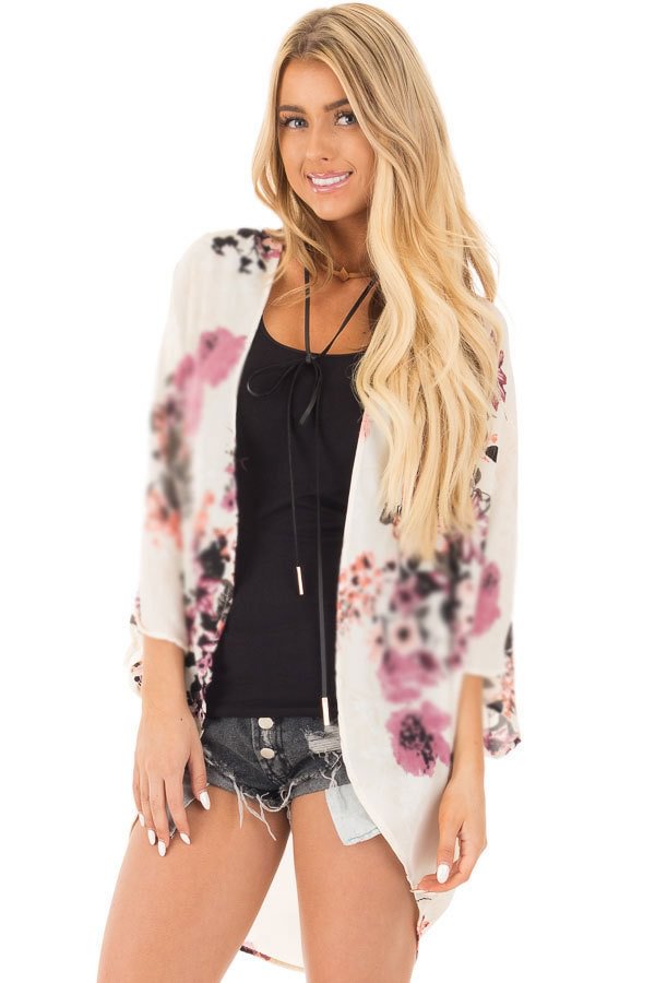Women's Summer Floral Print Kimonos Loose Half Sleeve Chiffon Cardigan Blouses Casual Cover Up