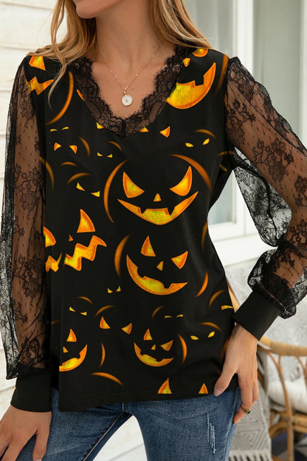 Women's Blouses Halloween Print Lace Sleeve Blouse