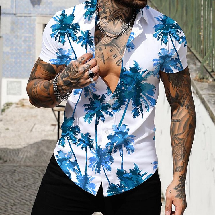 BrosWear Hawaiian Palm Print Short Sleeve Shirt